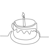 dibujo de línea continua de pastel de cumpleaños con vela. un pastel con crema y velas. concepto de celebración de fiesta de cumpleaños. momento feliz sobre fondo blanco ilustración vectorial minimalismo. vector