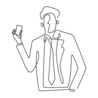 Businessman holds a business card or credit card one continuous line drawing on white background. Young officer man in suit pay for his shopping using a credit card. Purchase with cashless concept vector