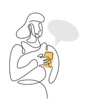 Continuous one line drawing of a woman holding smartphone. Beautiful woman standing and looking at her phone for chatting with speech bubble isolated on white background. Vector illustration
