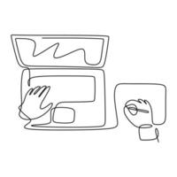 Continuous one line drawing of hand typing on laptop keyboard. A people using a computer to sharing multimedia content with friends online. Business and technology concepts. Vector illustration