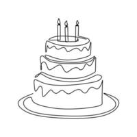 Continuous line drawing of birthday cake with candle. A cake with cream and candles. Birthday party celebration concept. Happy moment on white background vector illustration minimalism.