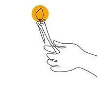 Continuous one line drawing of a hand holding burning candle. Human hands holding a memory candle. Melting wax candle in left hand. Vector minimalism design isolated on white background