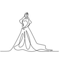 Continuous one line drawing of woman with gown. Beauty female model wearing dress and look so elegant while standing pose. Girl fashion concept line art minimal design isolated on white background vector