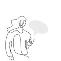 Continuous one line drawing of a woman holding smartphone. Beautiful woman standing and looking at her phone for chatting with speech bubble isolated on white background. Vector illustration