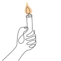 Continuous one line drawing of a hand holding burning candle. Human hands holding a memory candle. Melting wax candle in left hand. Vector minimalism design isolated on white background