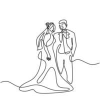 una boda de línea continua dibujada. los personajes de la novia y el novio del marido y la mujer están casados aislados sobre fondo blanco. novia, novio, pareja, amor, celebración, concepto romántico