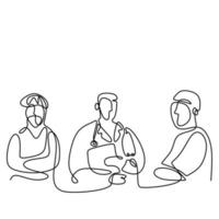 Continuous one line drawing of team doctors. Three professional doctors discussing about diagnostic patient. Medical healthcare teamwork concept. Vector illustration isolated on white background