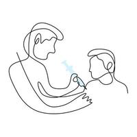One continuous line drawing of young male doctor giving vaccine injection at hospital to male patient to protect from COVID-19. Prevent disease concept. Hand-drawn medical officer minimalism design vector