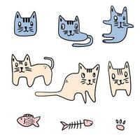 conjunto de gatos de dibujos animados de pose diferente. personaje gracioso gatito animal. ilustración vectorial aislado sobre fondo blanco. bueno para diseño, postales, portadas, estampados, ropa, textiles, papel tapiz. vector