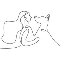 One line drawing of young happy woman playing with her dog at home. Friendship about human and pet animal concept isolated on white background. Minimalism style. Vector illustration