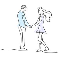 Continuous one line drawing of happy young couple standing and holding hands together. Loving couple woman and man in romantic pose isolated on white background. Vector minimalism design illustration