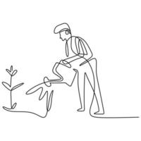 Single continuous line drawing of happy young male is watering flower in the home garden at summer sunny day. Gardening or planting concept. Back to nature in minimalism design. Vector illustration