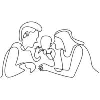 Continuous one line drawing of happy family. Father, mother hugging their kid together full of warmth at home isolated on white background. Parenting concept. Vector illustration minimalism style