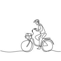 One single line drawing happy young man riding bicycle in the street. A cheerful male enjoying cycling in the morning to get some fresh air. Healthy lifestyle concept. Vector illustration