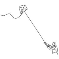 One single line drawing of happy young teenager boy playing to fly kite up into the sky at outdoor field in summer time. Freedom and passion creative theme hand-drawn minimalist design vector