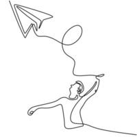 One continuous line drawing of young man launching a toy plane in the field. Happy teenager boy playing airplane into the sky isolated on white background. Summer activity theme. Vector illustration