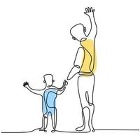 One line drawing of father and son standing together on the street. Young daddy holding his kid and wave hands isolated on white background. Happy family time concept. Vector illustration