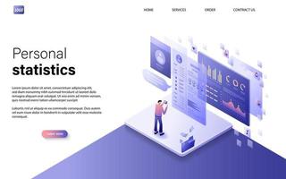 Flat isometric personal statistics concept with character for website landing page and mobile template. vector