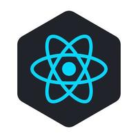 Blue atom icon in a black hexagon vector