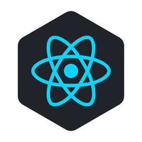 Blue atom icon in a black hexagon vector