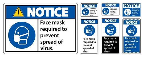 Notice Face mask required to prevent spread of virus sign on white background vector