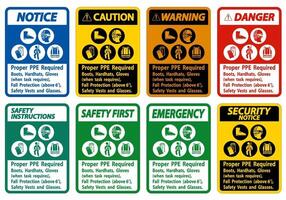 Proper PPE Required Boots, Hardhats, Gloves When Task Requires Fall Protection With PPE Symbols vector