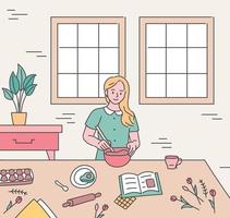 A pretty girl cooking in her house. vector