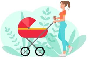 The woman is walking with a stroller. vector