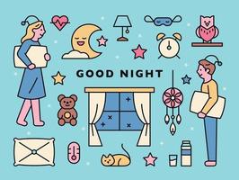 sleep icons and characters on pajamas vector