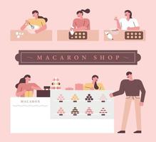 Macaron shop set with people vector