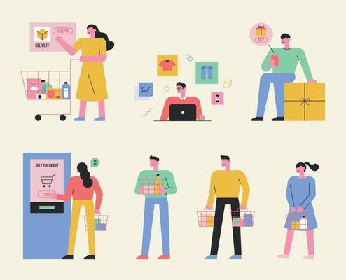 Digital technology and shopping set with people shopping