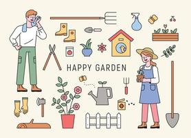 personajes de hombre y mujer jardinería con herramientas vector