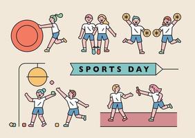 diseño del día de deportes escolares con estudiantes lindos. vector