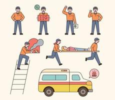 Firefighter paramedics character collection. Paramedics rescueing and transporting patients vector