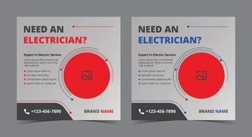 Necesito un póster de electricista, una publicación en las redes sociales de electricista y un volante. vector