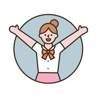 A girl is smiling with her arms raised. flat design style minimal vector illustration.