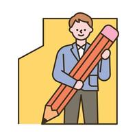 A male student is drawing a frame with a large pencil. flat design style minimal vector illustration.