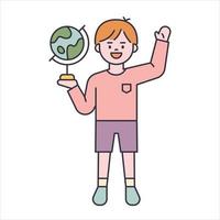 A cute boy is greeting with a globe in his hand. flat design style minimal vector illustration.