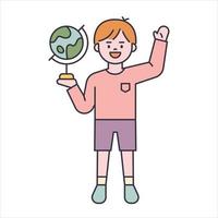 A cute boy is greeting with a globe in his hand. flat design style minimal vector illustration.