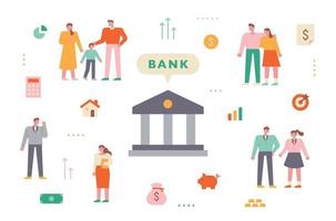 banner del sistema bancario con iconos y clientes. vector