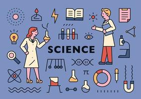 Banner de ciencia con iconos y personajes científicos. vector