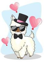 Cute cartoon llama with balloon hearts. Happy Valentine's day greeting card. vector