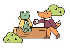 A frog and a fox are resting on a log. flat design style minimal vector illustration.