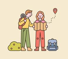 A couple is backpacking. They are standing on the road and looking at the map. flat design style minimal vector illustration.