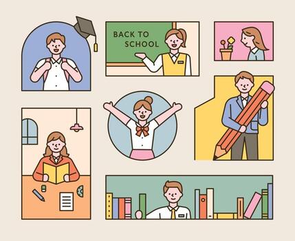 A collection of students wearing school uniforms. A composition in which children are studying in various types of frames vector