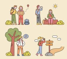 People are hiking with backpacks. Looking at the map, sitting on a log, looking for directions. flat design style minimal vector illustration.