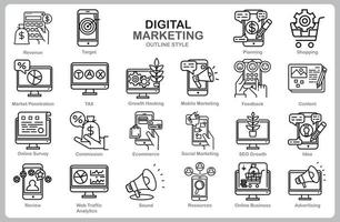 icono de marketing digital para sitio web, documento, diseño de carteles, impresión, aplicación. estilo de esquema de icono de concepto de marketing digital. vector