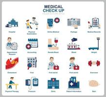 conjunto de iconos de chequeo médico para sitio web, documento, diseño de carteles, impresión, aplicación. icono de concepto de salud estilo plano. vector