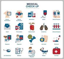 conjunto de iconos de chequeo médico para sitio web, documento, diseño de carteles, impresión, aplicación. icono de concepto de salud estilo plano. vector