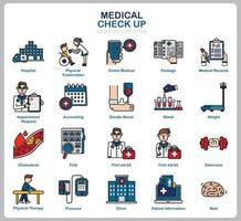 conjunto de iconos de chequeo médico para sitio web, documento, diseño de carteles, impresión, aplicación. icono de concepto de salud lleno de estilo de contorno. vector